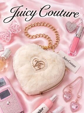Juicy Couture Heart Coin Purse Faux Fur Mini Bag Gold Chain Rhinestone Logo NWT